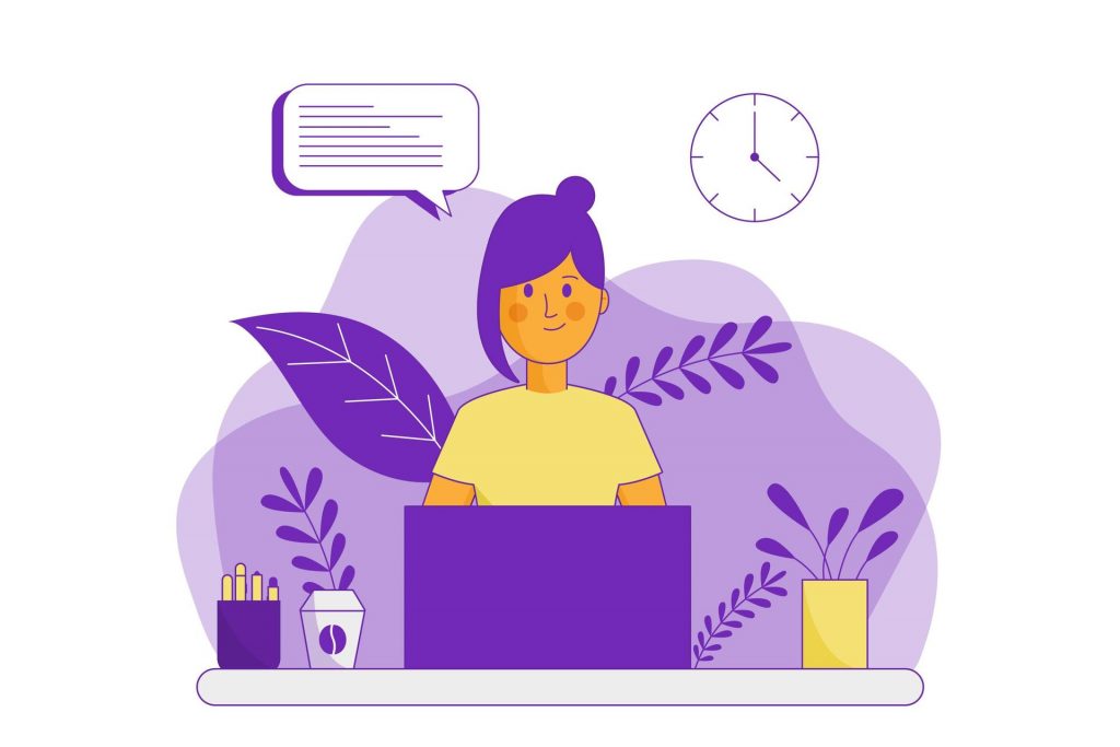 In the Illustrator image, a person is checking new technologies for her business on a laptop.