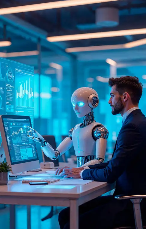 Team meeting in office with laptop and digital screens