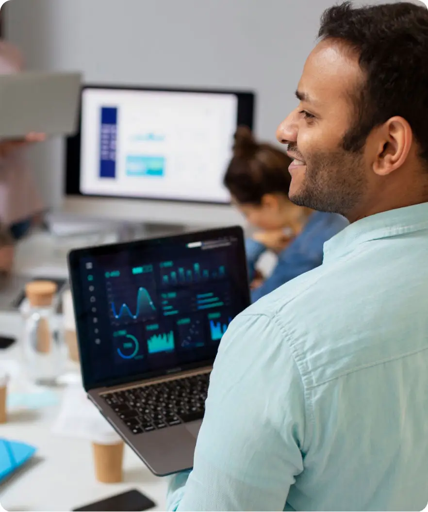 Business professionals discussing on digital device