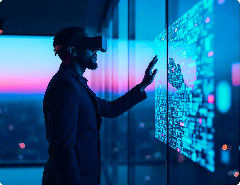 Professional using VR headset with futuristic digital interface for tech solutions