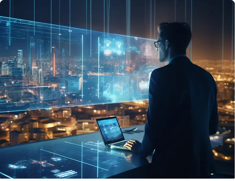 Professional using laptop with holographic interface in smart city