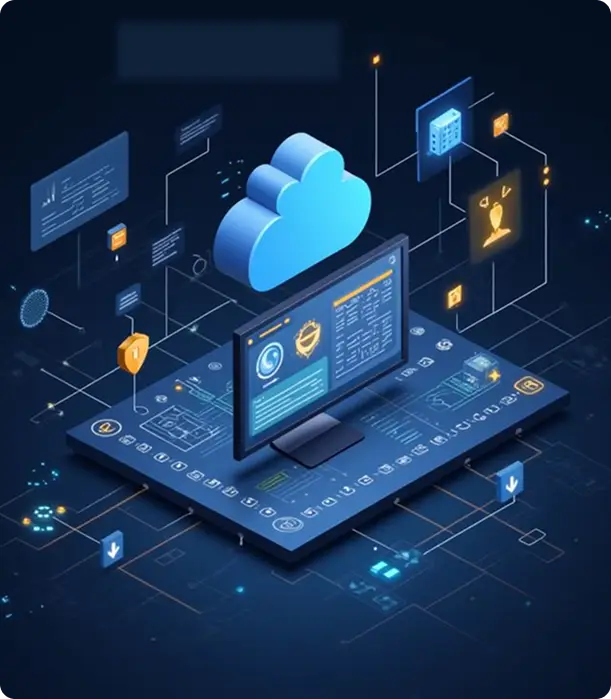 Isometric cloud dashboard with security shields and data flow system