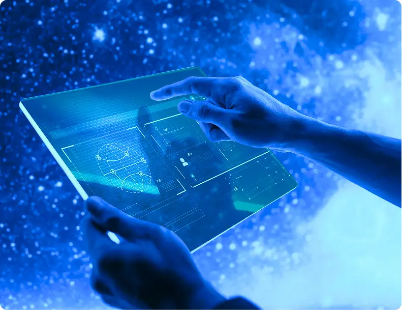 Hands using transparent tablet with cybersecurity interface