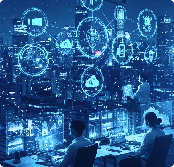 IT team monitoring cloud and IoT dashboards with smart city icons