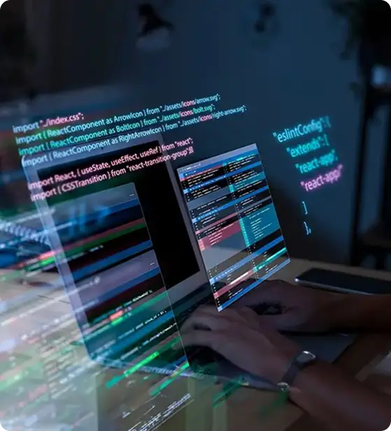 Developer coding React and JavaScript on dual screens with overlay