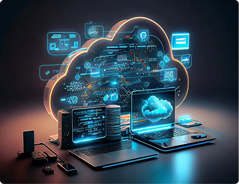 Futuristic cloud computing with laptop, server, and digital interface